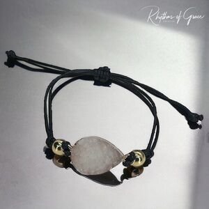 Chic NWOT Black Leather Adjustable Bracelet with Dazzling Gold & White Charm!